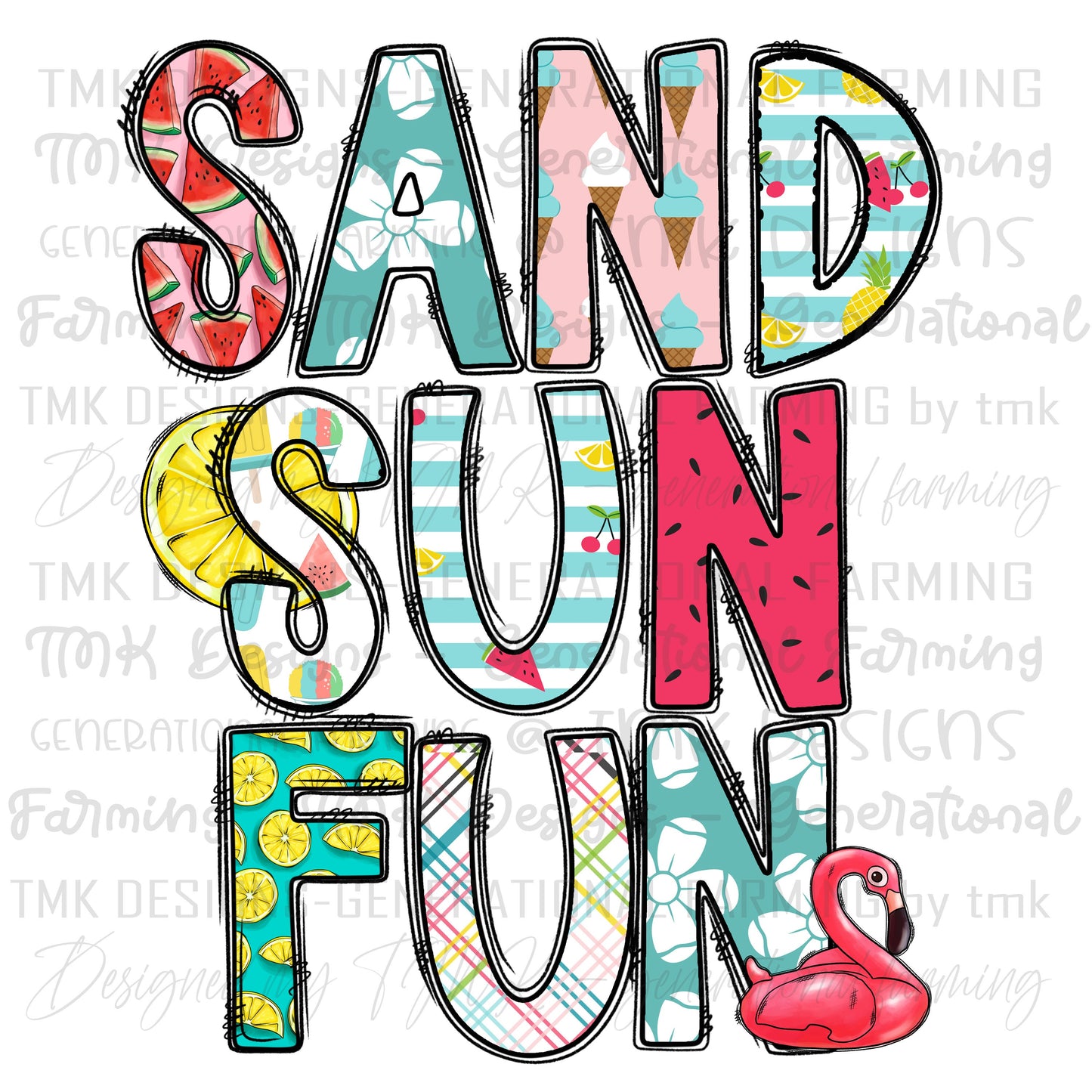 Sand Sun Fun is a fun bright colored beach design for Spring break or summer trips to the ocean in PNG format for sublimation or DTF prints.