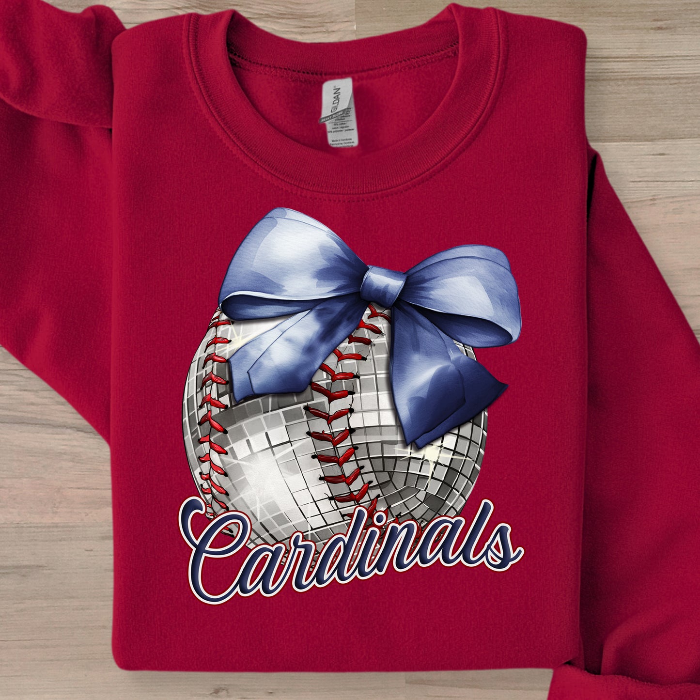 Digital cardinal baseball bow disco ball design