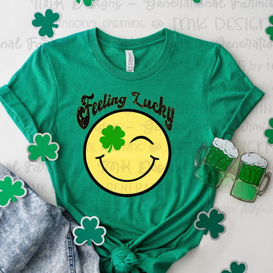 Lucky - Feeling Lucky design on a smiley winky face for St Patrick's Day for DTF printing on darks or Sublimation printing on lights.