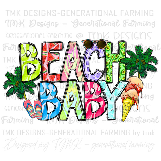 Beach Baby spring break design in PNG and JPG format for sublimation or DTF printing.