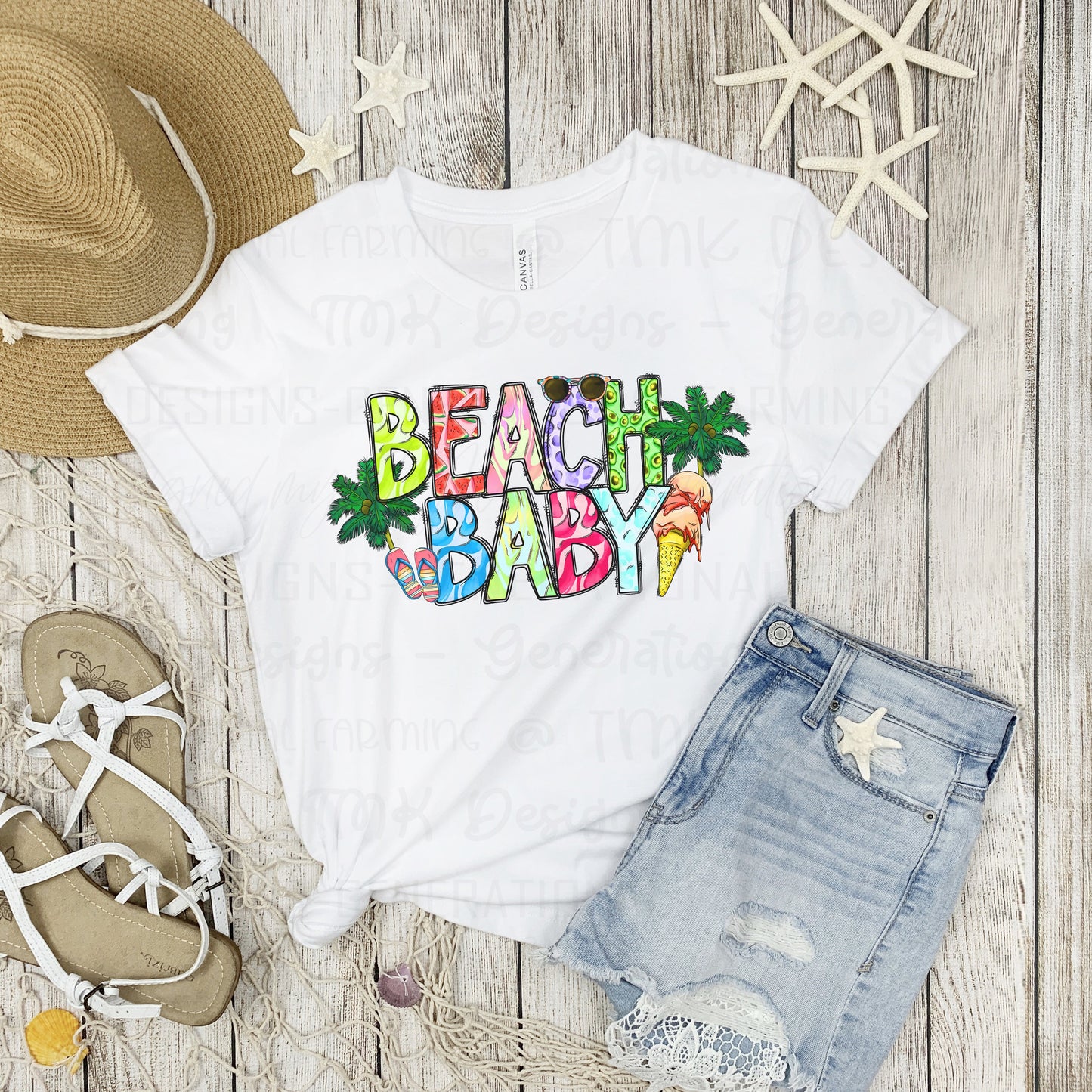 Beach Baby spring break design in PNG and JPG format for sublimation or DTF printing.